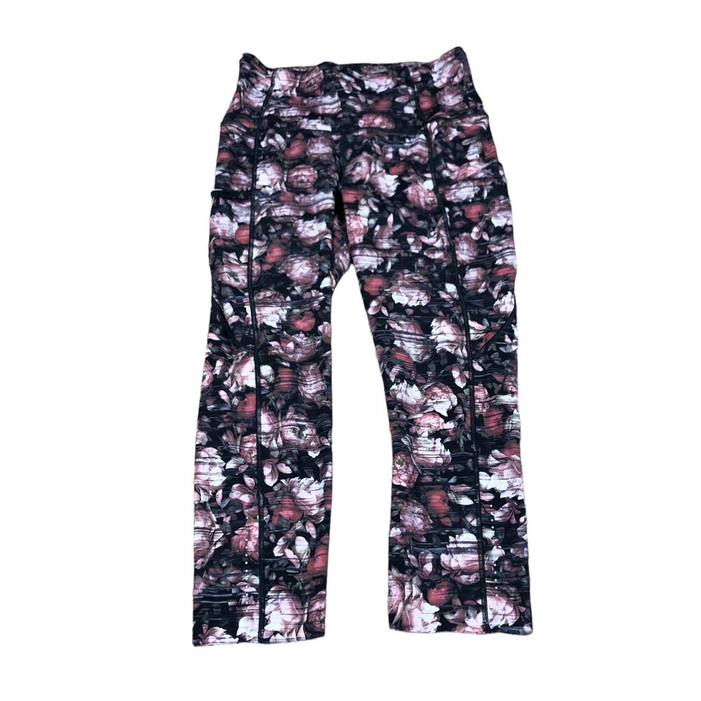 LULULEMON Black Pink Floral‎ Fast & Free Cropped Leggings Capris Size 4 Yoga Gym